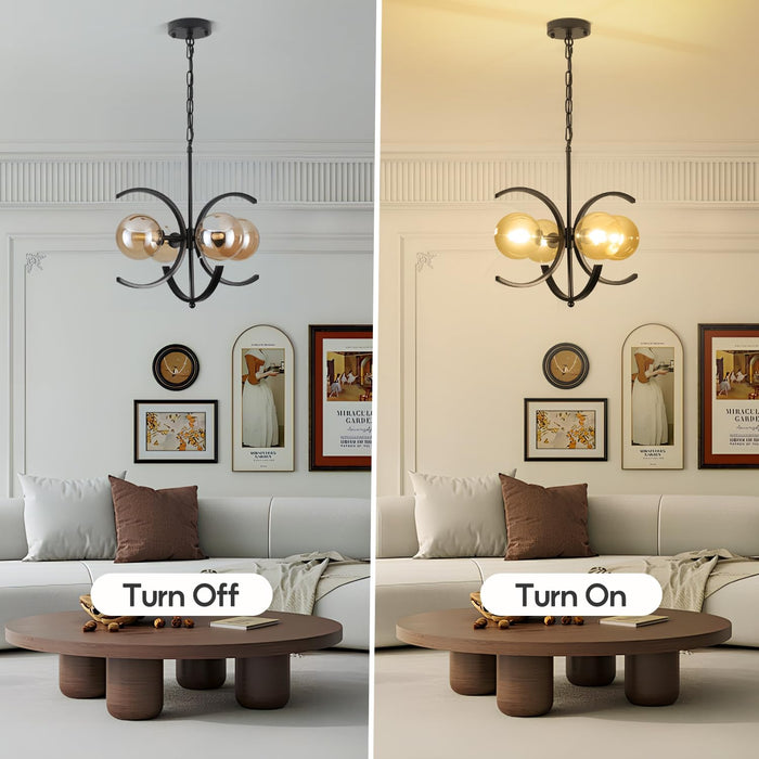 Modern Sputnik Chandelier,4-Light Black Chandelier with Amber Glass Globe Shades,Mid Century Industrial Chandeliers Dining Room Light Fixtures,Farmhouse Chandeliers for Dining Room Foyer Entryway