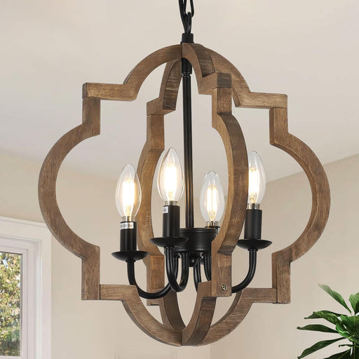 Wood Chandelier Farmhouse FourLight Rustic Brown 15In
