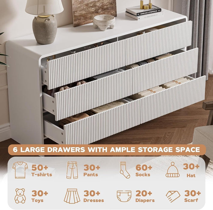 55" Wide Modern Curved 6 Drawer Dresser，White