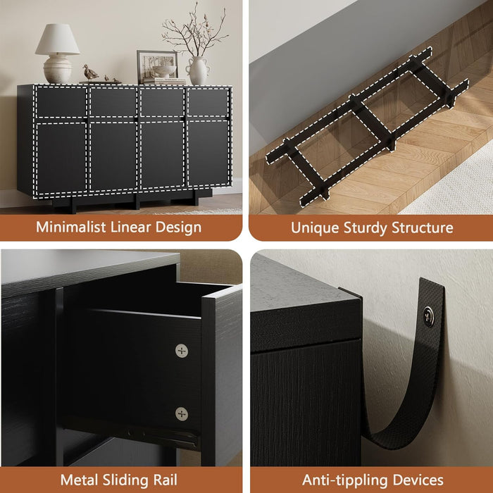 Black Sideboard Buffet Cabinet, 55" Mid Century Buffet Cabinet with 4 Drawers and 4 Doors, Wooden Coffee Bar Table for Kitchen