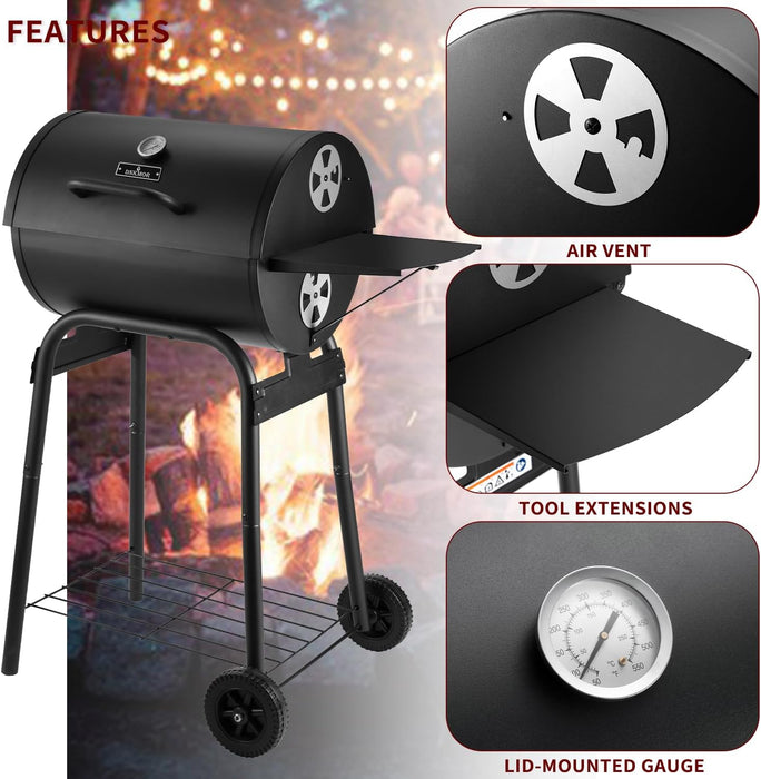 Charcoal Grill Outdoor BBQ Grill, Barrel Charcoal Grills with Side Table, with Nearly 500 Sq.In. Cooking Grid Area, Outdoor Backyard Camping Picnics, Patio and Parties, Black by