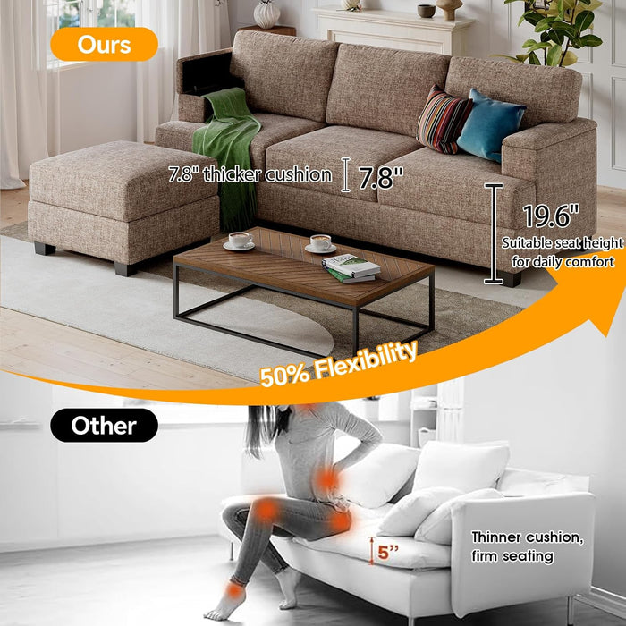 85'' L Shaped Couch with Armrest Organizer,3 Seats Sofas with Movable Ottoman,Comfy Sectional Sofa with Thick Cushion,Chenille Sectional Couches for Living Room,Bedroom,Apartment,Home Furniture,Brown