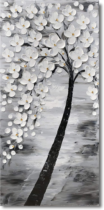 3D White Flower Canvas Wall Art Hand Painted Grey Paintings Vertical Artwork for Living Room Bedroom Hallway Decoration
