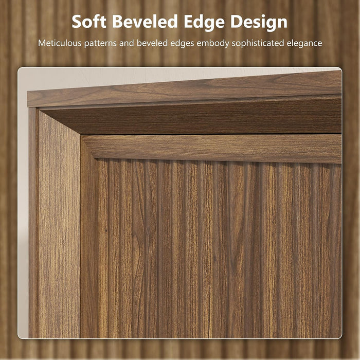 63” Fluted Sideboard Storage Cabinet, Mid Century Modern Wooden Credenza with 4 Doors & Adjustable Shelves, Beveled Edge Buffet Cabinet with Storage, Kitchen, Living Room (Walnut)