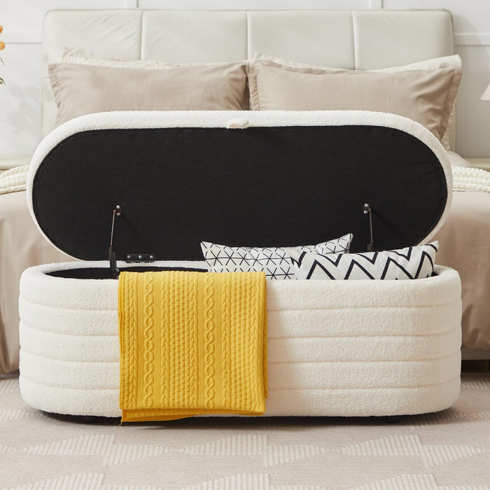 Storage Ottoman Bench End of Bed for Bedroom,45 Inch Boucle Upholstered Entryway Shoe Seat Bench W/ Storage,Sherpa Modern Cute Padded Blanket Chest Stool Foot Rest for Living Room,Off-White
