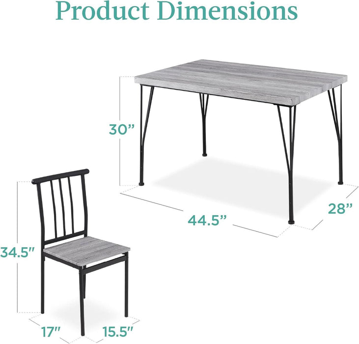 5-Piece Metal and Wood Indoor Modern Rectangular Dining Table Furniture Set for Kitchen, Dining Room, Dinette, Breakfast Nook W/ 4 Chairs - Gray