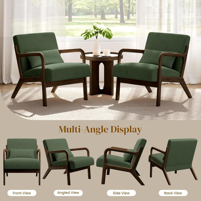 Accent Chair for Living Room, Corduroy Mid Century Modern Reading Armchairs with Lumbar Pillow for Bedroom, Decorative Sofa Chair for Adult Dark Green/Set of 2