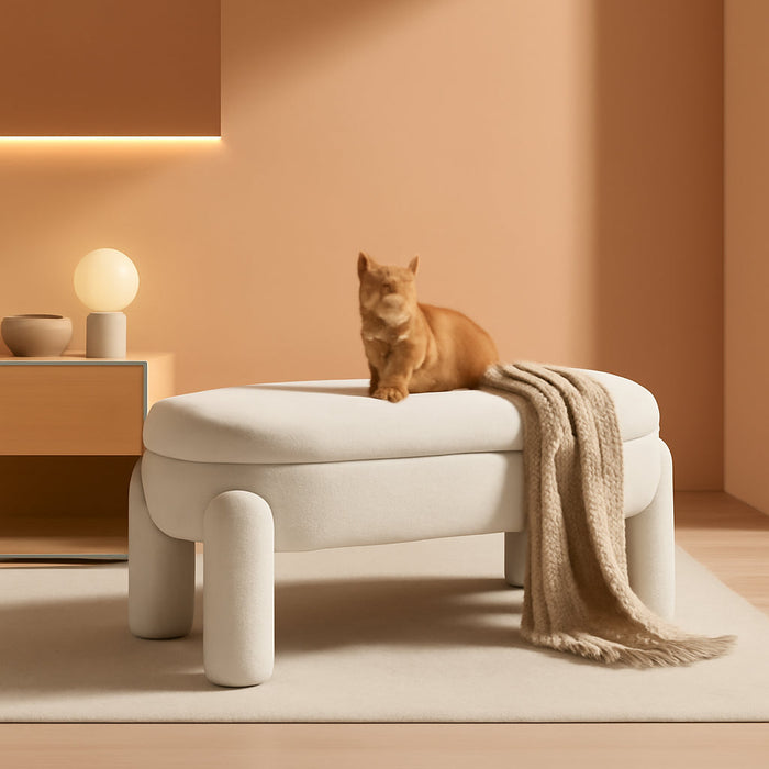 Boucle Storage Ottoman Bench, 44.7 Inches Sherpa Upholstered Storage Bench, End of Bed Bench for Bedroom Entryway Living Room, White