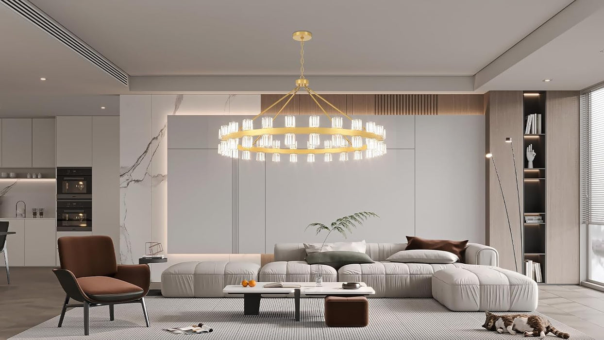 48 Inch Gold Wagon Wheel Chandelier with Crystal Shade, 48 Lights, Modern Farmhouse Style, Ideal for Dining Room, Kitchen, Entryways