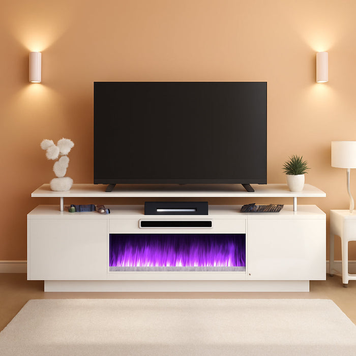 Fireplace TV Stand with 36" Fireplace, 70" Modern Fireplace Entertainment Center LED Lights, 2 Tier TV Console Cabinet for Tvs up to 80", White & White