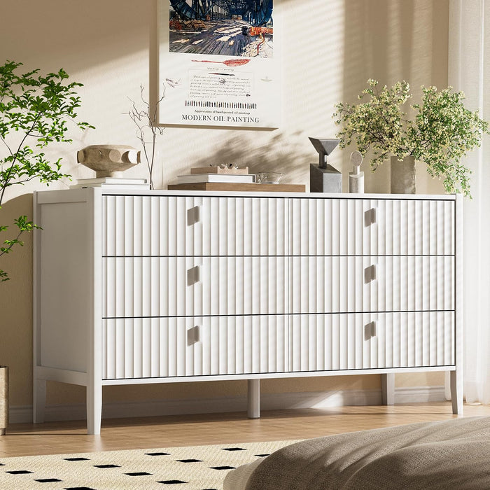 White 6 Drawer Dresser, Modern Wide Dresser for Bedroom, Fluted Wood Chest of Drawers with Metal Handles for Clothes, Storage Cabinet for Living Room, Entryway, Office