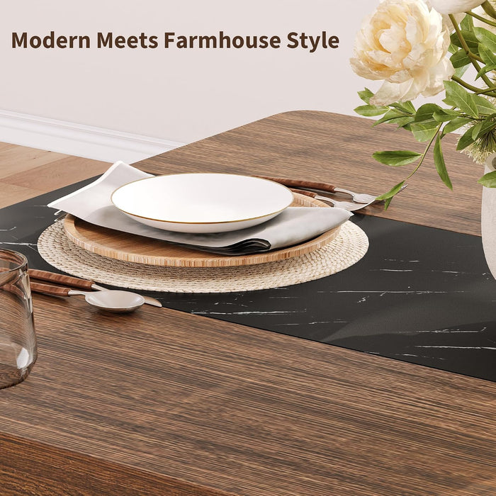 Farmhouse 71" Long Dining Table for 6-8 People, Marble Texture Finish Kitchen Table with Sturdy Wooden Frame, Rectangle Dining Table for Dining Room, Kitchen, Brown