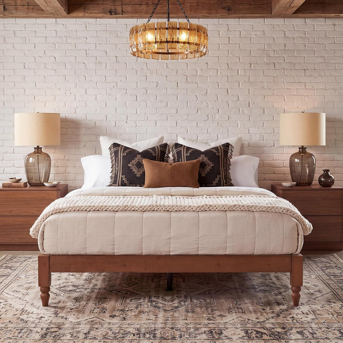 12" Japanese Joinery Solid Wood Queen Bed Frame with Turned Legs