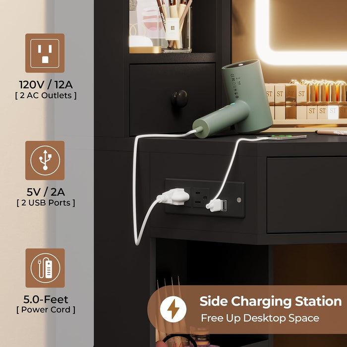 Vanity Desk with Mirror Lights, Storage Bench & Power Outlet, Corner Vanities with Rotating Cabinet & Drawers, 3 Light Settings Vanity Set, for Women Girls, Black