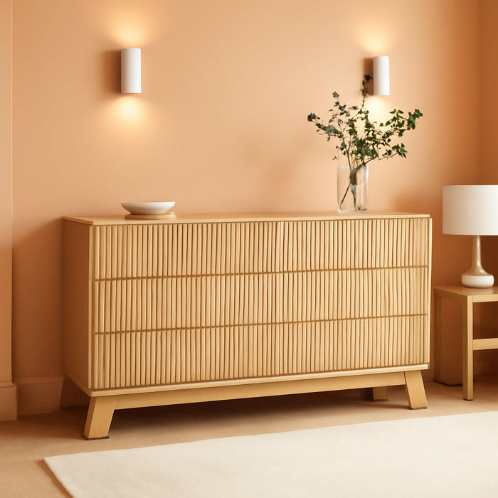 Fluted Dresser for Bedroom with 6 Drawers, 48" Wide Modern Chest of Drawers with Metal Handle, Wooden Dresser TV Stand, Wood Closet Clothes Storage Organizer for Living Room, Hallway, Natural Oak