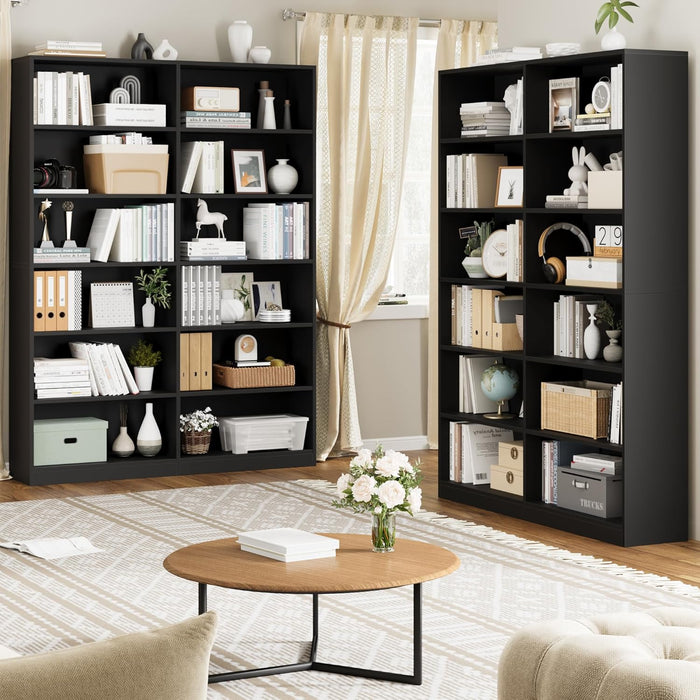 Bookshelf and Bookcase, 6-Tier Double Wide Bookshelves, Freestanding Display Storage Shelves, Tall Bookcases for Home Decor Bedroom, Living Room, Home Office,Black