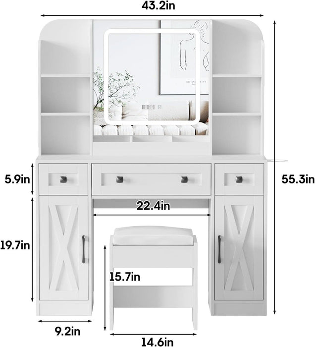 Makeup Vanity Desk, Vanity Mirror with Lights Desk and Chair,Makeup Table with 3 Large Drawers and 2 Cabinets, Time and Temperature Display, 3 LED Lighting Modes Adjustable, White
