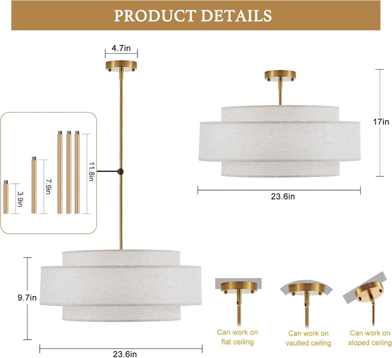 Extraordinary Brushed Gold Drum Chandelier Linen Shade