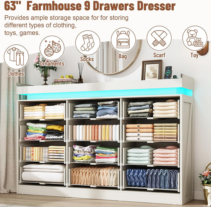 71" Wide 46" Tall Large Farmhouse 12 Drawers Dresser for Bedroom with LED Light and Power Outlets,Wood Rustic 12 Chests of Drawers for Closet,Tall Storage Dresser Organizer for Bedroom(White)