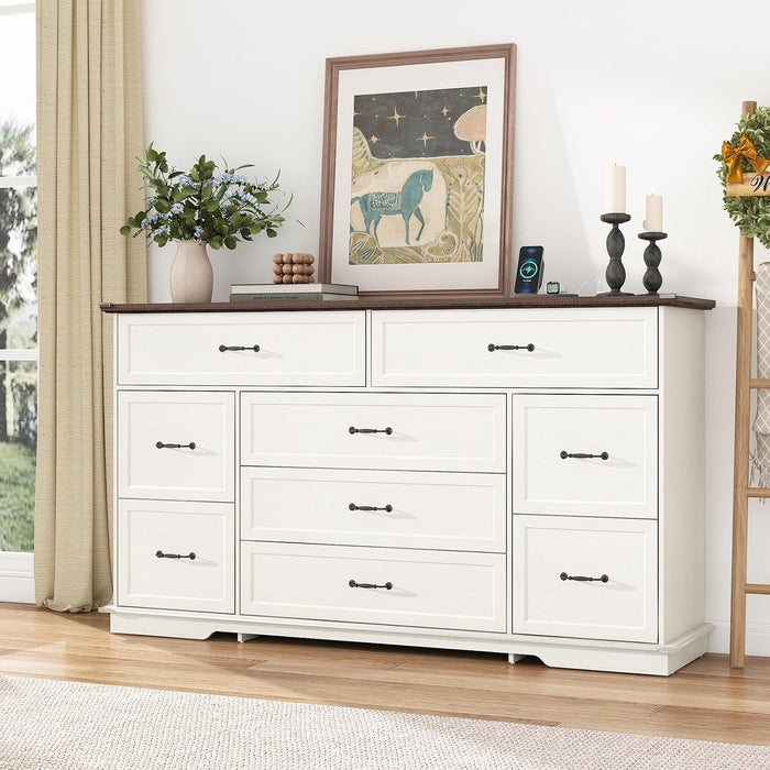 Farmhouse 9 Drawer Dresser for Bedroom,63” Wood Dresser & Chest of Drawers with Power Outlets,Large & Wide Dressers for Bedroom,Tall Storage Dresser Organizer(White)