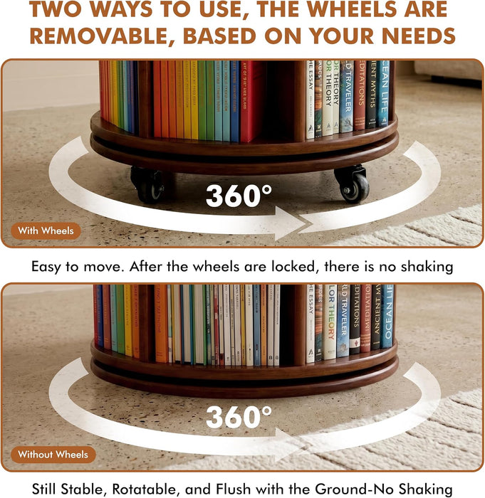 3-Tier 360° Rotating Rubber Wood Bookshelf with Wheels, Spinning Book Shelf | round Wooden Revolving Bookcase for Bedroom Small Space Home Office, Walnut