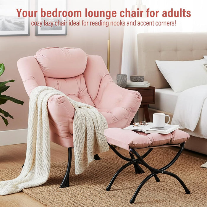 Lazy Chair with Ottoman, Modern Chair with Folding Footrest, Lounge Accent Chair, Comfortable Reading Chair, Oversized Armchairs for Bedroom, Study, Living Room, Courtyard (Pink)