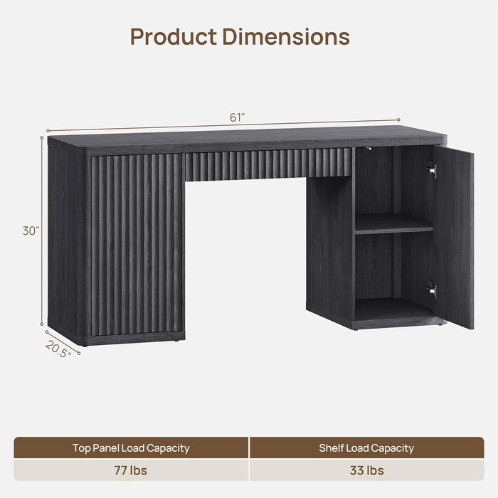 61" Large Home Office Desk with Storage Fluted Office Desks with 2 Doors & 1 Drawer Modern Executive Desk Wooden Study Desk Writing Desks Vanity Table for Living Room Bedroom, Black Alder