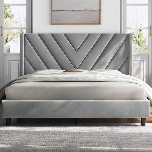 Queen Bed Frame Upholstered Platform Bed with Wing Side/Wooden Slat Support/Tufted Headboard with Wing Side/Mattress Foundation/No Box Spring Needed,Light Gray Queen Bed