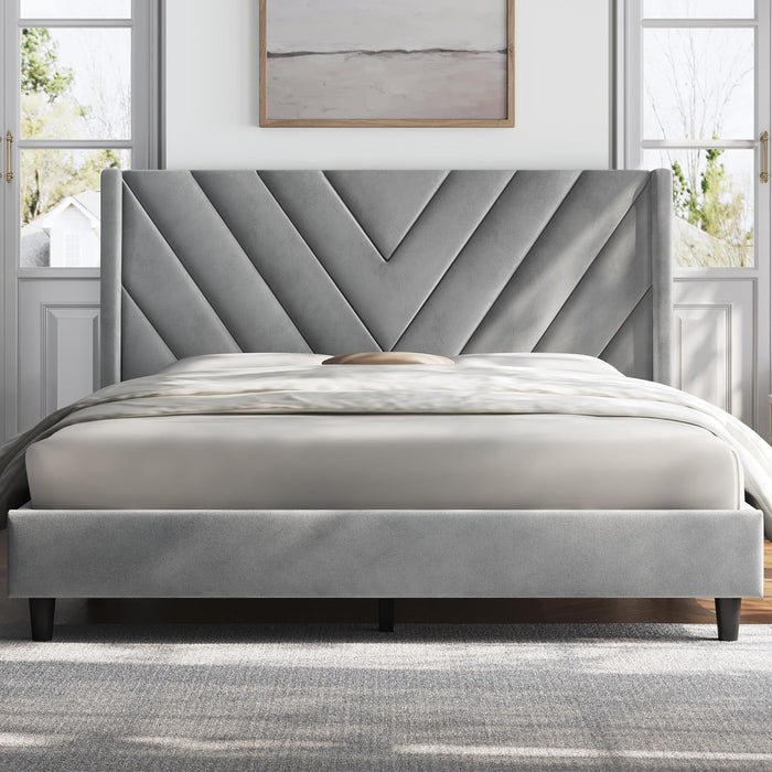 Queen Bed Frame Upholstered Platform Bed with Wing Side/Wooden Slat Support/Tufted Headboard with Wing Side/Mattress Foundation/No Box Spring Needed,Light Gray Queen Bed