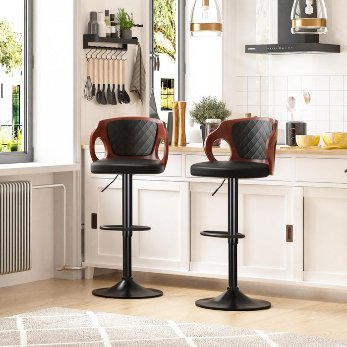 Barstools Set of 2,Counter Height Stools with Bentwood Back&Arm, Swivel Barstools,Pu Leather Kitchen Island Stools, Adjustable Height Bar Chairs for Club Pub Dining Room,Black