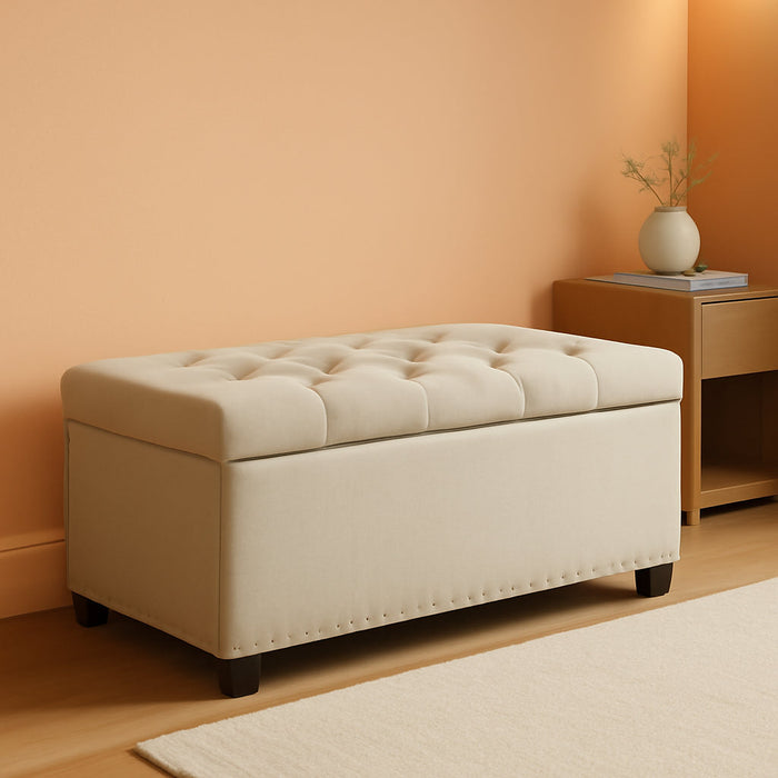 35" Tufted Ottoman, Storage Bench with Safety Close Hinge, Ottoman with Storage for Living Room, Entryway, Hallway, Foot Rest, Support 300Lbs - Beige