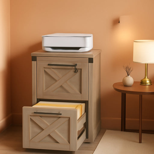 2 Drawer File Cabinet with Lock, Wood Farmhouse Filing Cabinet for Home Office, Printer Stand Fits Letter and A4 Size, Gray Oak