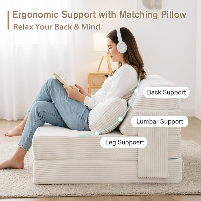 Beige Upholstered Folding Sofa Bed Convertible Floor