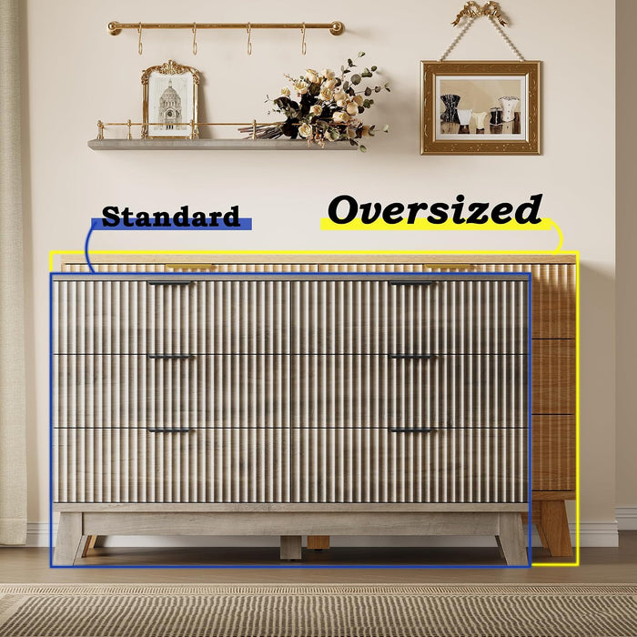 53" Long Dresser for Bedroom, 6-Drawer Dresser with Fluted Fronts, Wide Wood Chest of Drawers, Smooth Metal Slides, Stable Base, Modern Clothes Storage Cabinet for Living Room, Hallway