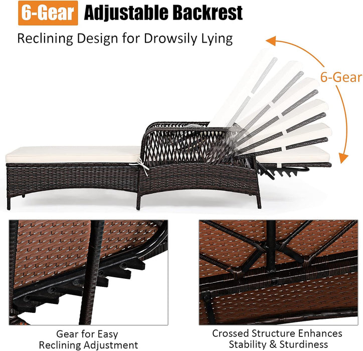 PE Rattan Chaise Lounge Chair, 6 Gear Adjustable Recliner with Armrest & Pillow, Wicker Outdoor Furniture for Deck, Patio (1, Brown)