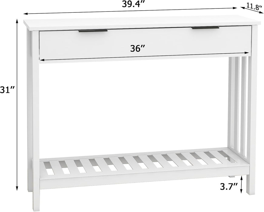 White Narrow Console Table with Drawer Storage Shelf, Modern Wooden Entryway Sofa Table, 39 Inch Slim behind Couch Table, Side Display Console Table for Living Room,Office,White