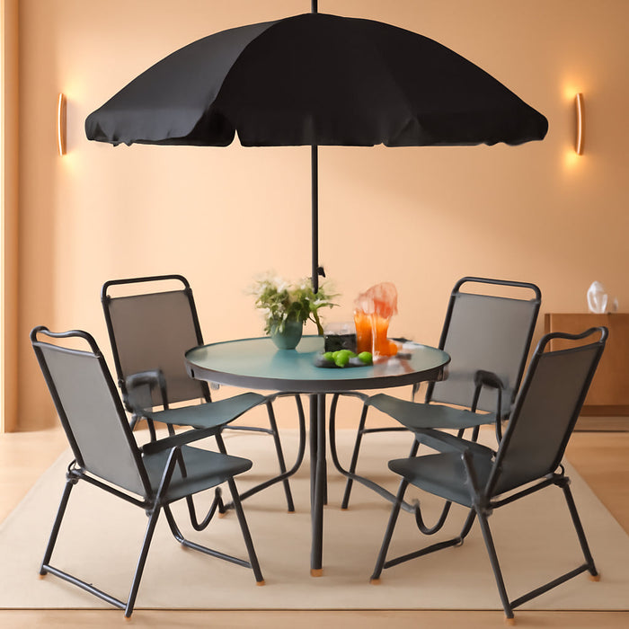 6 Piece Folding Patio Dining Set,Small Metal Outdoor Garden Patio Table and Chair Set W/Umbrella for Lawn,Deck,Backyard,Black