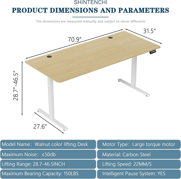 Standing Desk, 71X31 Inch Height Adjustable Electric Sit Stand up Desk, Ergonomic Rising Computer Table, Modern Lift Gaming Desk Workstation for Home Office, Walnut and White