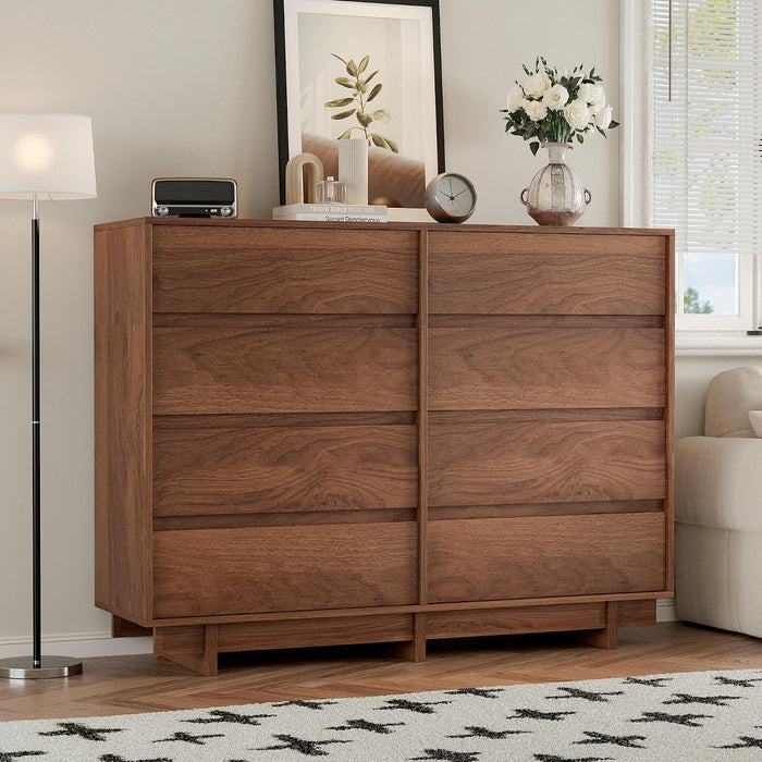 8 Drawer Walnut Dresser for Bedroom, 53" Wide Mid Century Modern Dresser