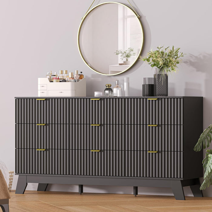 Black Dresser 9 Drawer Dresser for Bedroom, 57''Wide Fluted Wooden Dresser Storage Cabinet and Chest of Drawers with Metal Handle, Storage Organizer for Living Room, Hallway, Entryway