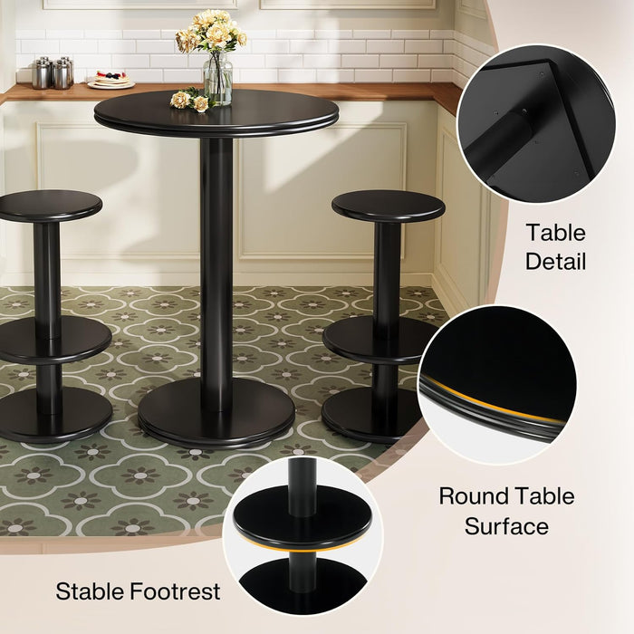 39.4" H round Bar Table and Chairs Set, Modern Black Bistro Pub Table with 2 Barstools, Wooden Counter Height Cocktail Table for Small Bars, Kitchen, Living Room, Apartment