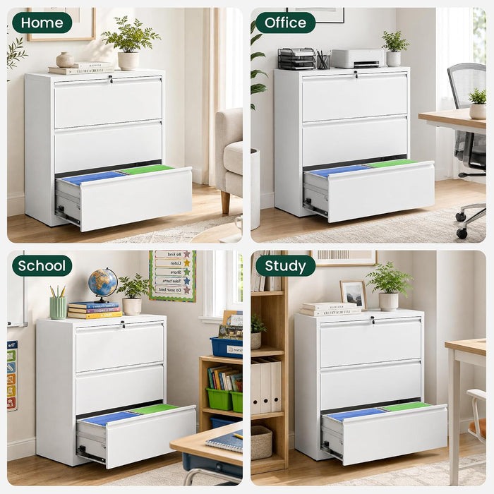 3 Drawer File Cabinet with Lock, Lateral Filing Cabinets,Metal Storage Filing Cabinets for Home Office, Heavy Duty File Cabinet for Letter/Legal/A4/F4 Size Amsseble Required, White
