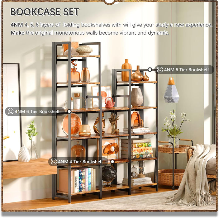 No Assembly Small 5 Tier Folding Bookshelf Compact Storage Shelves Vintage Bookcase Standing Racks for Bedroom Living Room Home Office