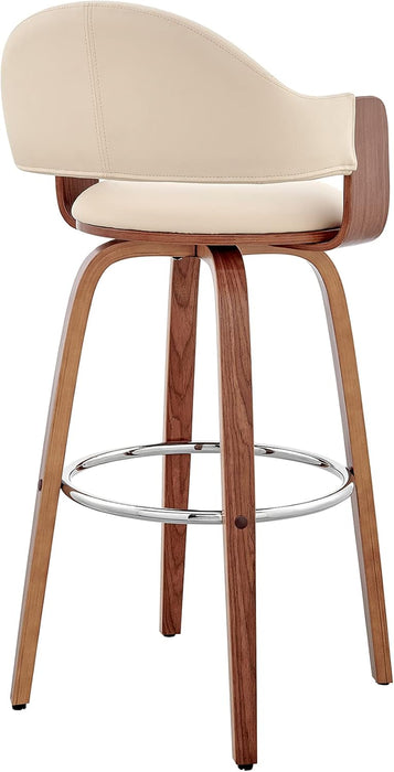 Daxton Mid Century Modern Swivel Bar Stool for Kitchen Island Counter in Cream Faux Leather and Walnut Wood, 30" Seat Height