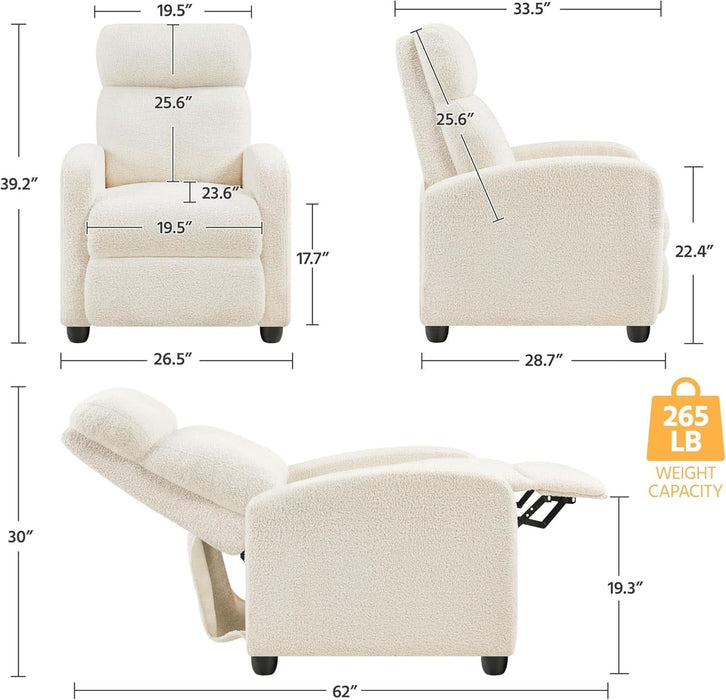 Fabric Recliner Chair Single Sofa Home Theater Seatting Adjustable Modern Single Reclining Chair for Living Room Bedroom Home Theater Ivory