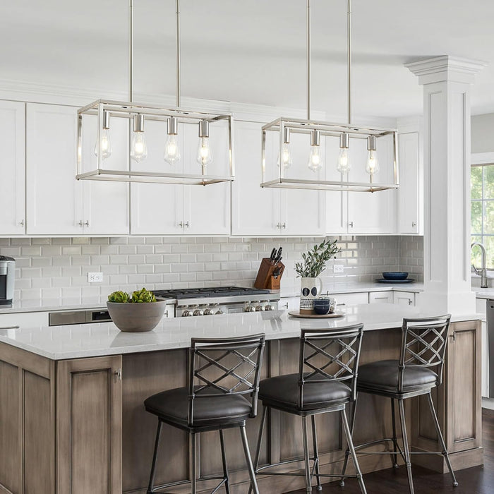 4-Light Dining Room Light Fixture Farmhouse Chandelier Brushed Nickel Modern Kitchen Island Pendant Lights Rectangular Hanging Lights Adjustable Height Metal E26 Base