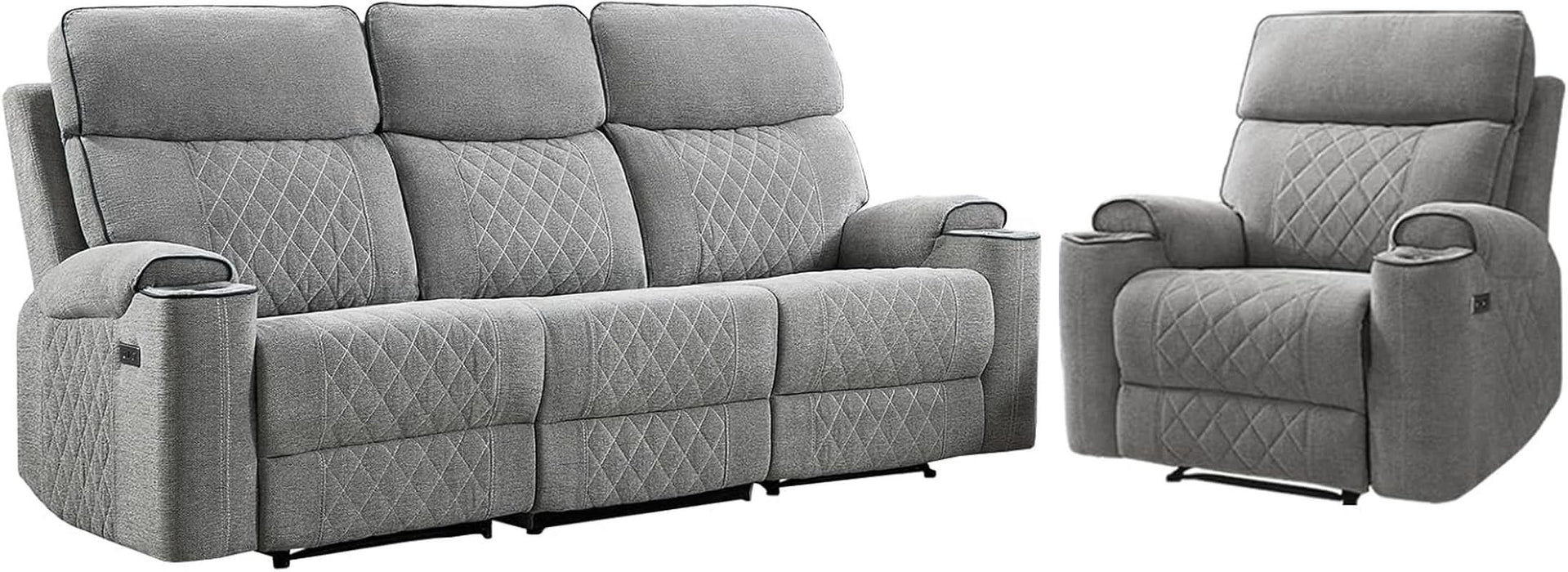 2-Piece Electric Recliner Sofa Set with Charging Port, Include Single Power Reclining Chair and 3-Seater Reclining Sofa for Living Room, Light Grey