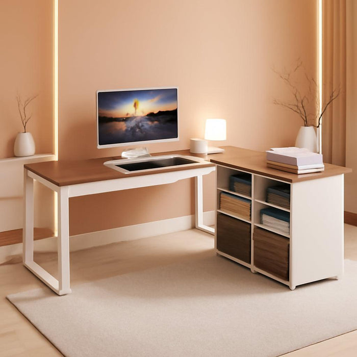 63Inch L Shaped Desk Reversible Cabinet NaturalOakWoodFinish