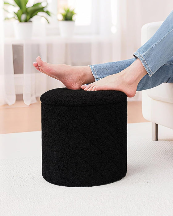 Ottoman with Stroage, Boucle round Storage Ottoman with Tray,Foot Rest Stool for Dorm Room, Living Room Black, 12.99"X12.99"X13.78"