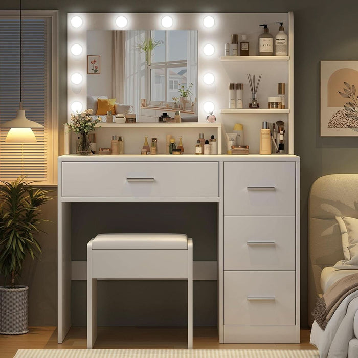 Makeup Vanity Desk with Mirror and Light,Dressing Table Set with 3 Color Modes LED Lights,Large and Three Level Storage Dresser, for Bedroom Dressing Room,White